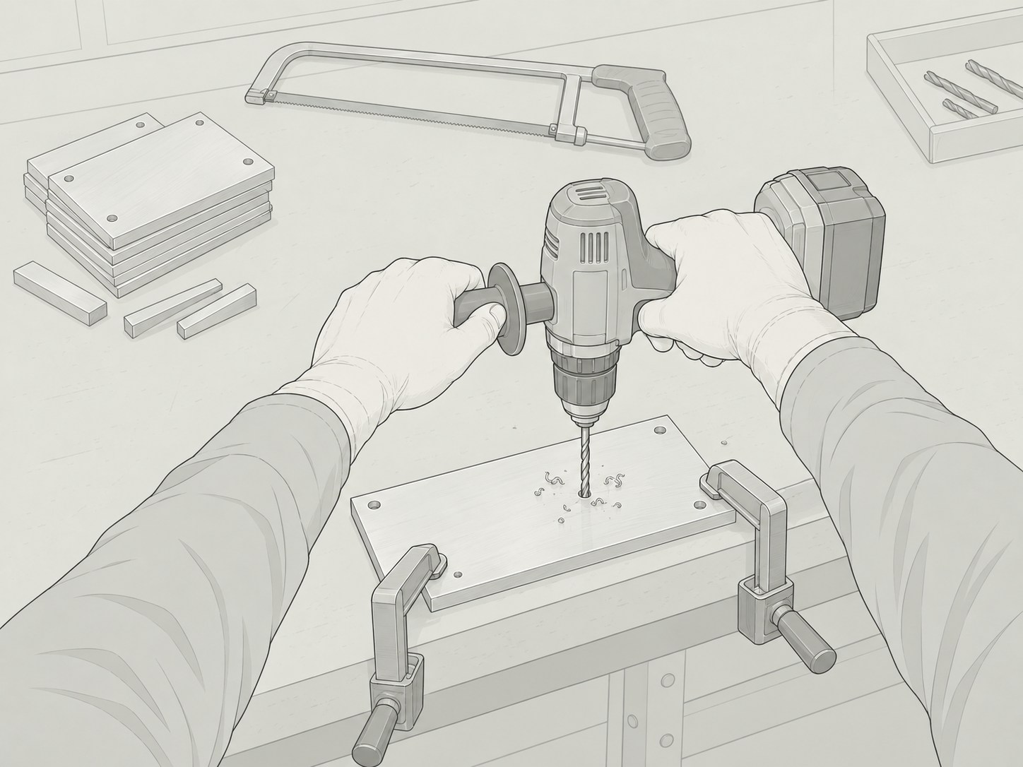 Illustrated first-person view of hands drilling a clamped metal plate, with cut blanks and a hacksaw on the bench.