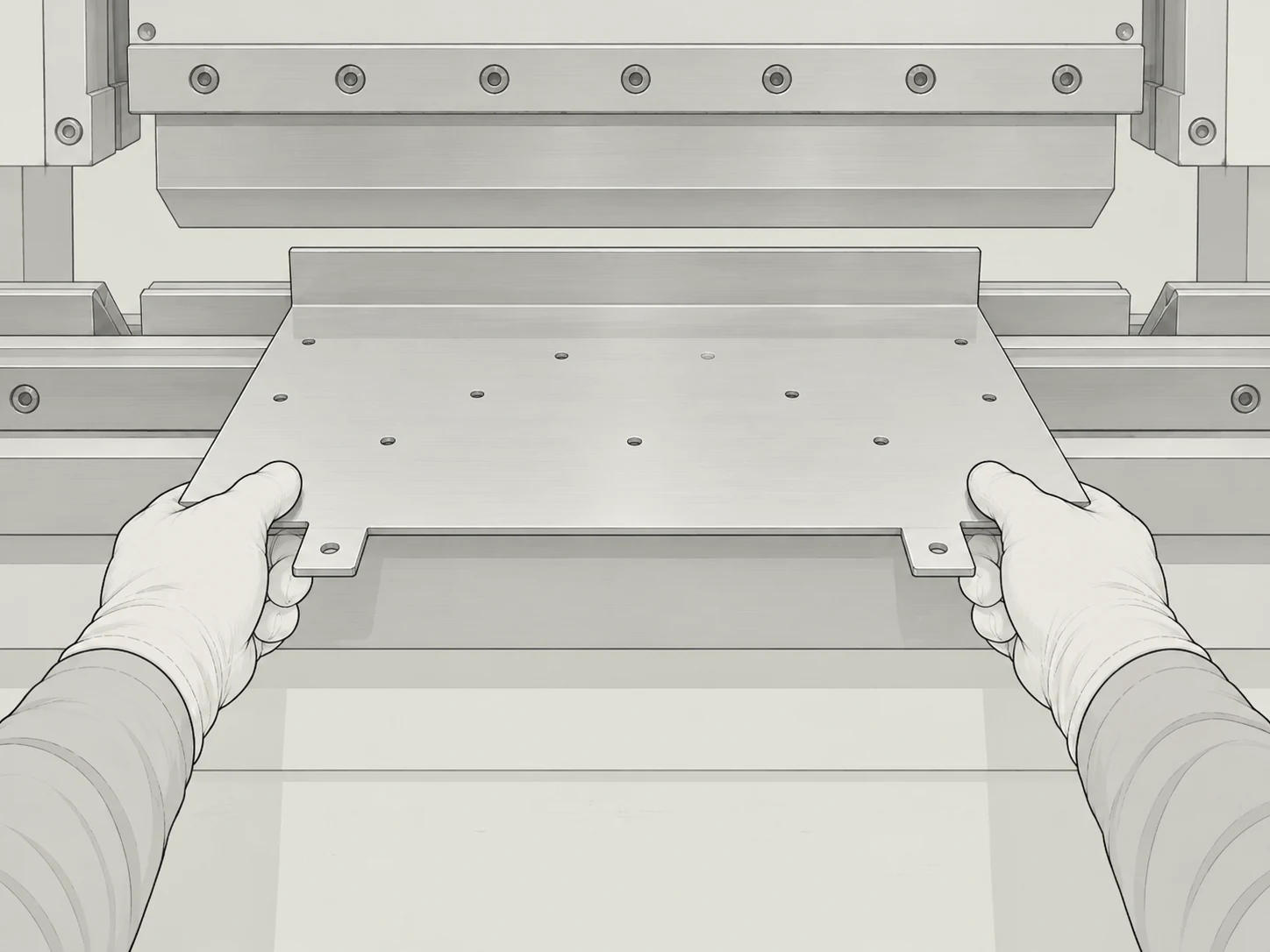 Illustrated first-person view of gloved hands supporting a bent sheet metal panel at a press brake.