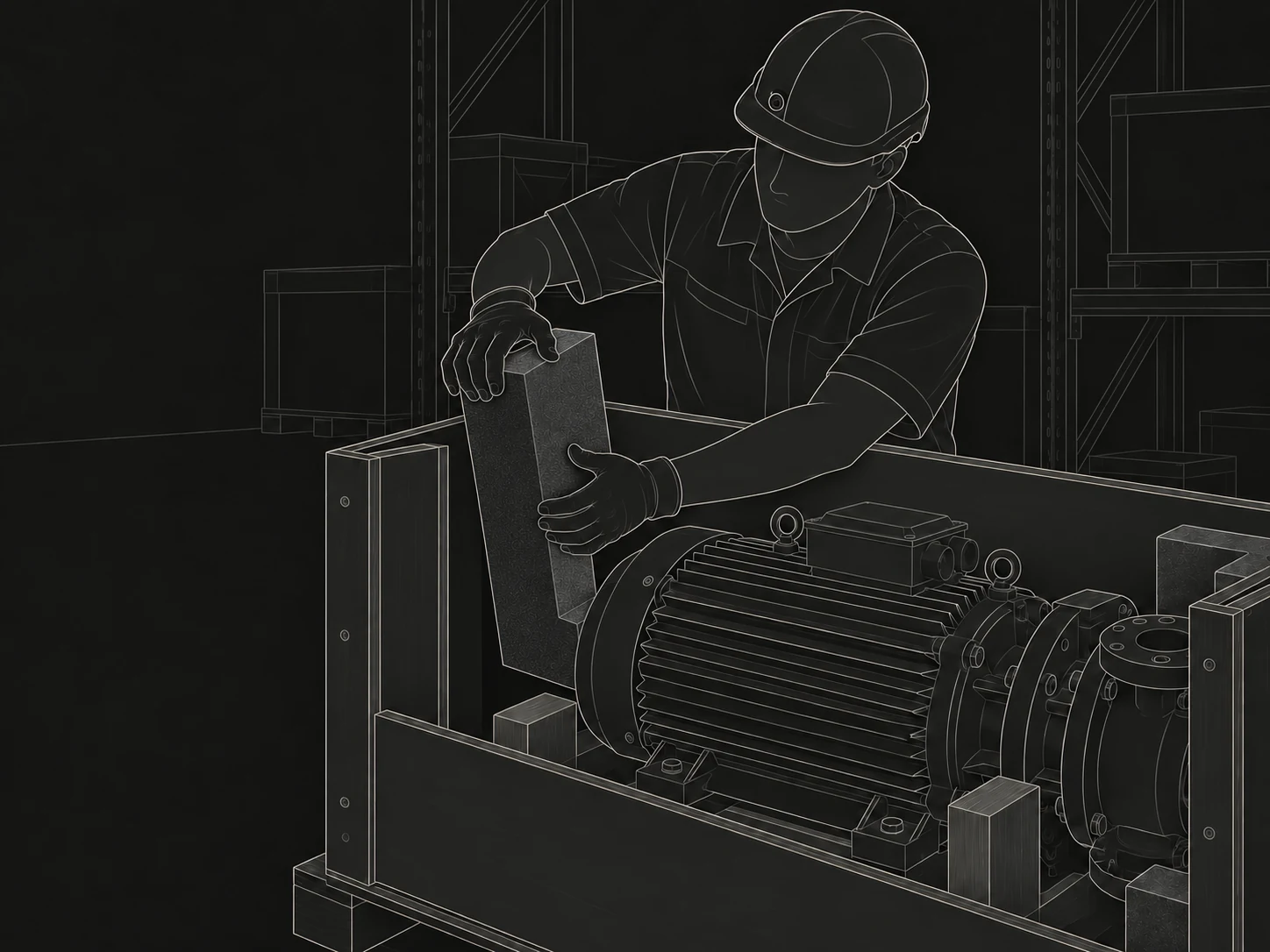 Worker lowering a raised protective foam insert into the gap between a large industrial motor and its wooden shipping crate, recorded by a small circular helmet camera.