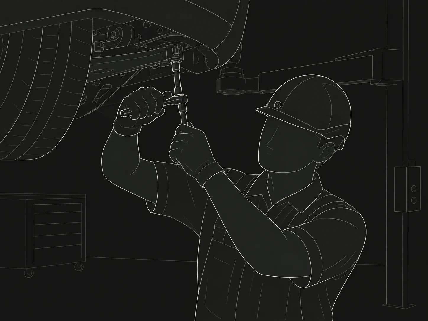 Close view of a technician servicing a lifted vehicle, with a helmet-mounted camera recording the hands and socket.