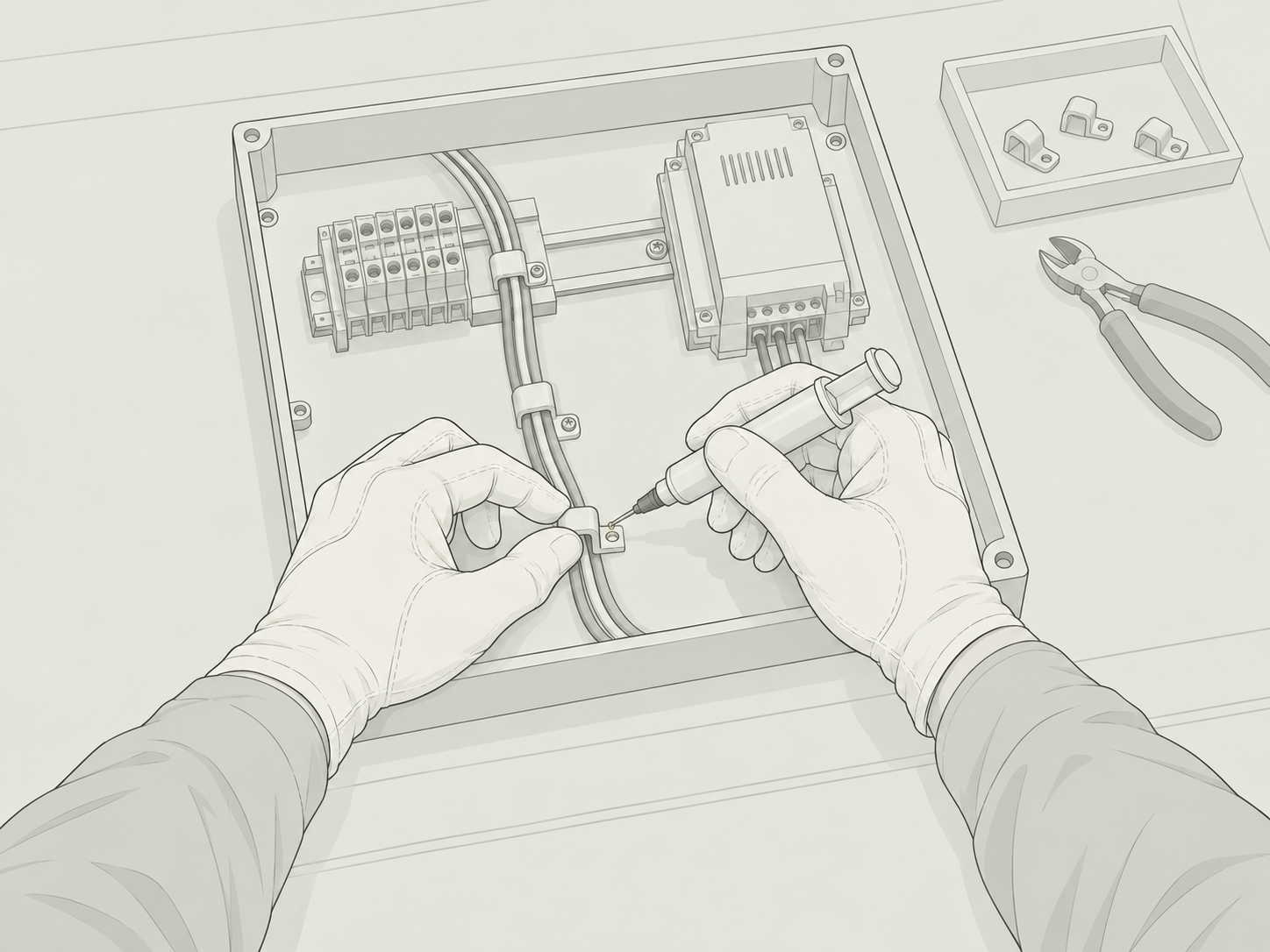 Illustrated first-person view of hands positioning a cable clip and applying adhesive inside a control enclosure.