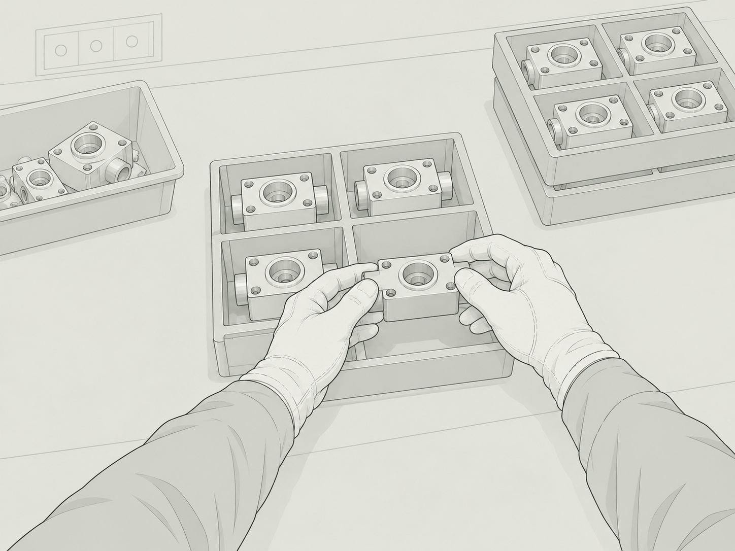 Illustrated first-person view of hands placing a machined part into a divided tray beside stacked trays.