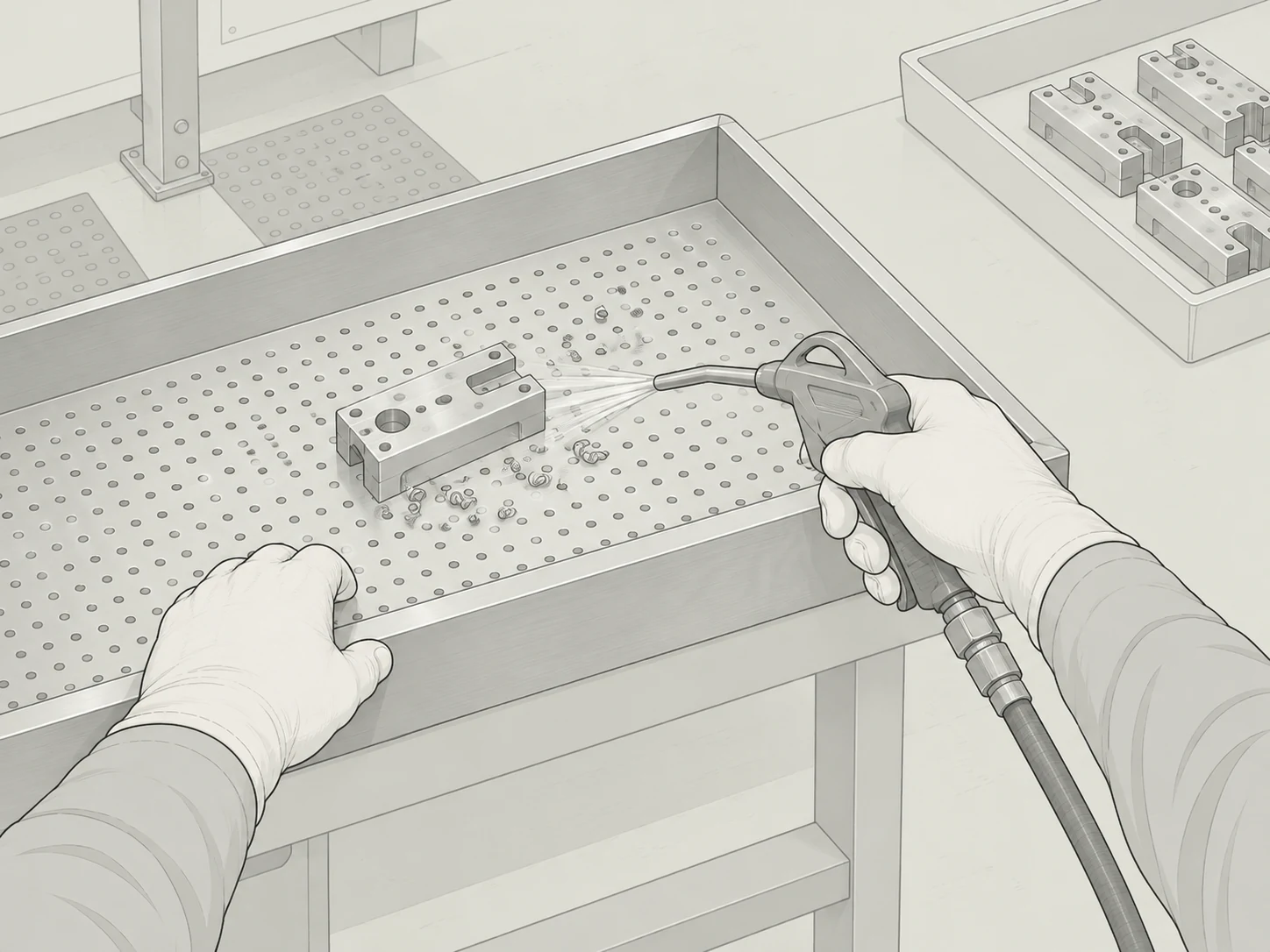 Illustrated first-person view of gloved hands cleaning a machined component with an air gun over a work tray.
