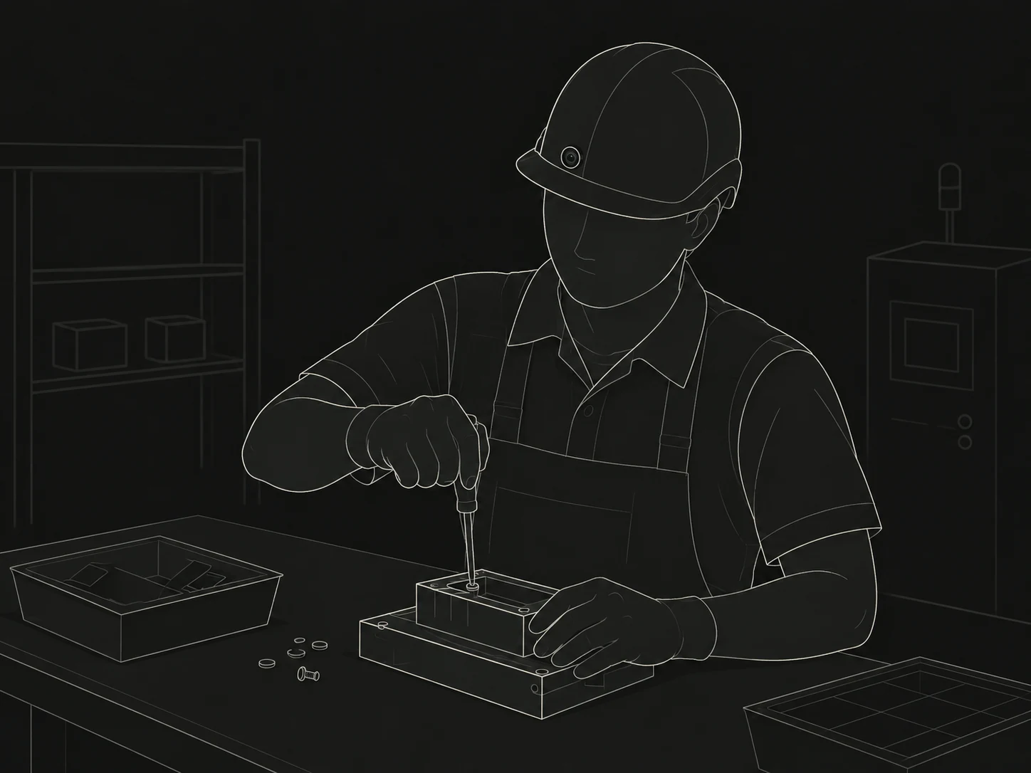 Assembly worker with a small circular helmet camera recording hands fastening a component.