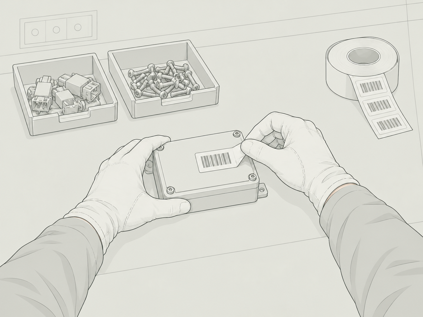 Illustrated first-person view of hands applying a label to a component enclosure beside sorted parts bins.